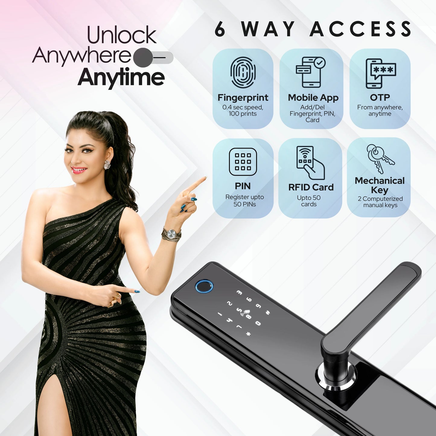 LAVNA LA24 Smart Door Lock with Bluetooth Mobile App, Fingerprint, OTP, PIN, RFID Card & Manual Key