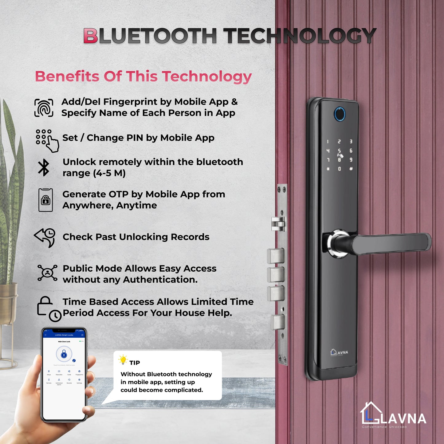 LAVNA LA24 Smart Door Lock with Bluetooth Mobile App, Fingerprint, OTP, PIN, RFID Card & Manual Key